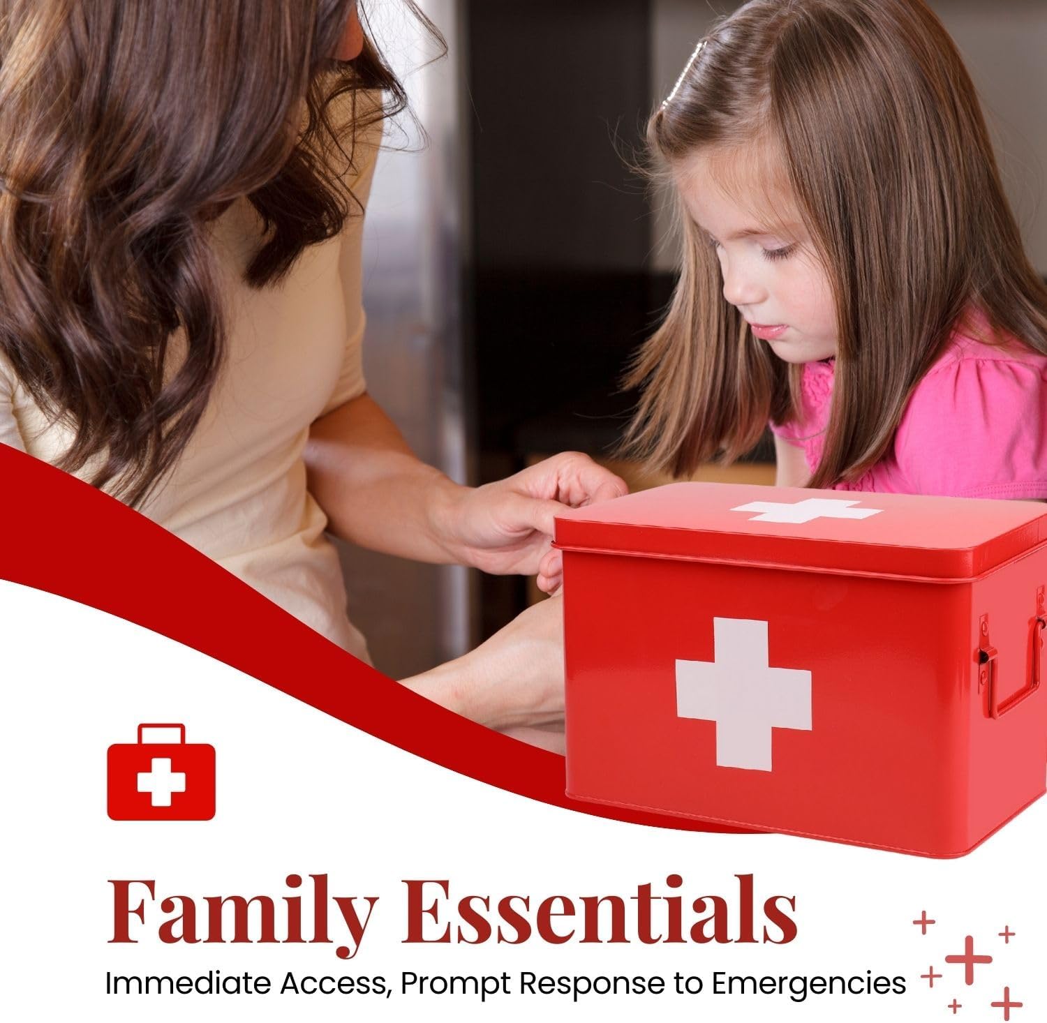 Flexzion First Aid Box Organizer Empty 13" Red Vintage First Aid Kit Tin Metal Medical Box - First Aid Storage Box Container Bins with Dividers, Removable Tray and White Cross Logo