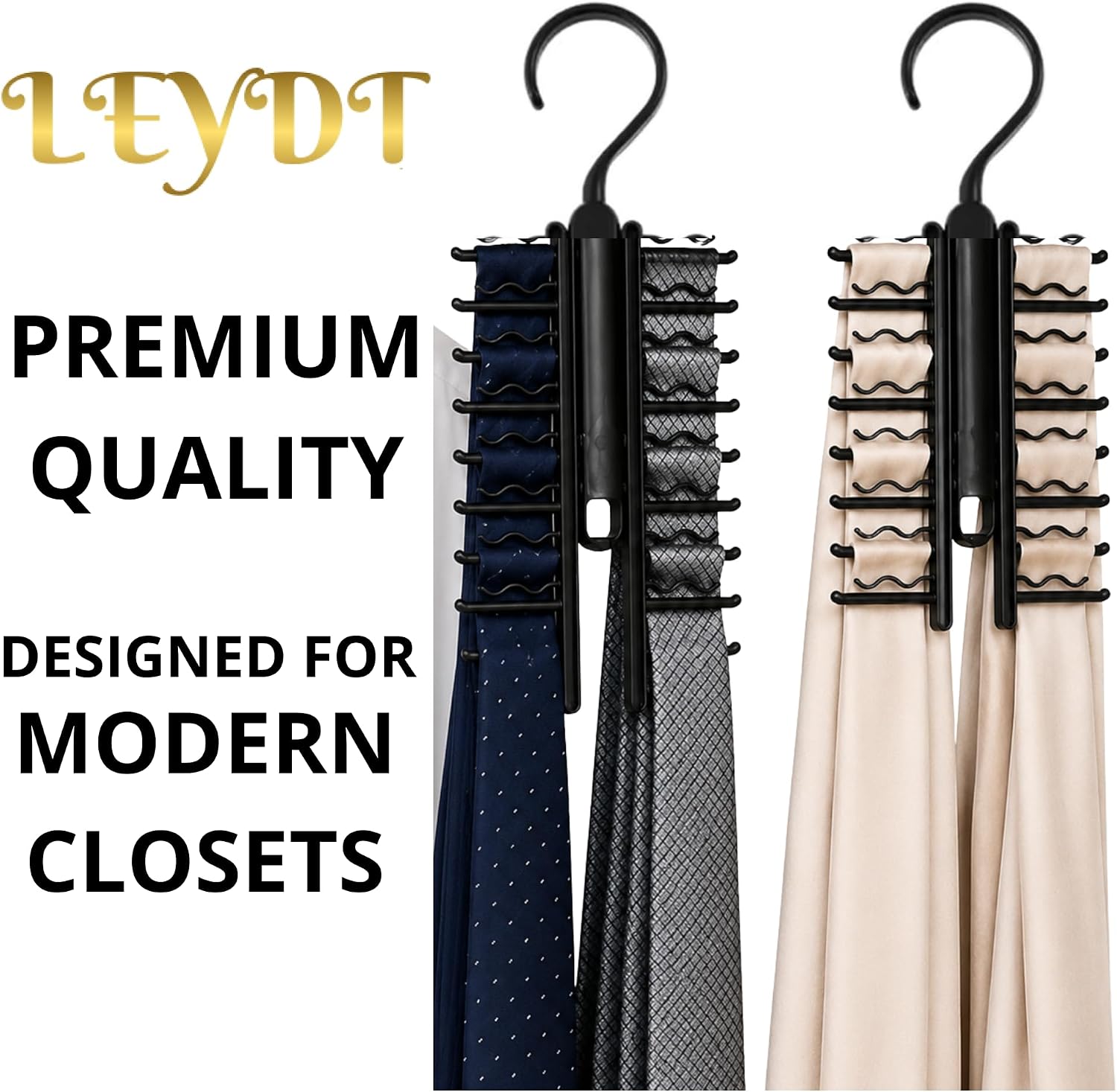 Tie Hanger for Men – 2 Pack Space-Saving Tie Organizer for Closet – Durable Plastic Scarf & Belt Hanger – 20-Tie Capacity Rack, Black – Closet Organizer for Ties, Scarves & Accessories