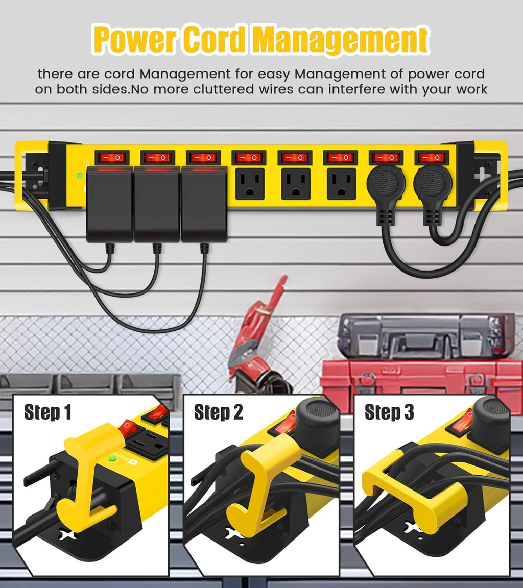 Heavy Duty Power Strip with Individual Switches,8 Outlets 14 Gauge Industrial Shop Garage Metal Multiple Outlets,1200J Surge Protector Mountable Power Strip,10FT Extension Cord Management(Yellow)