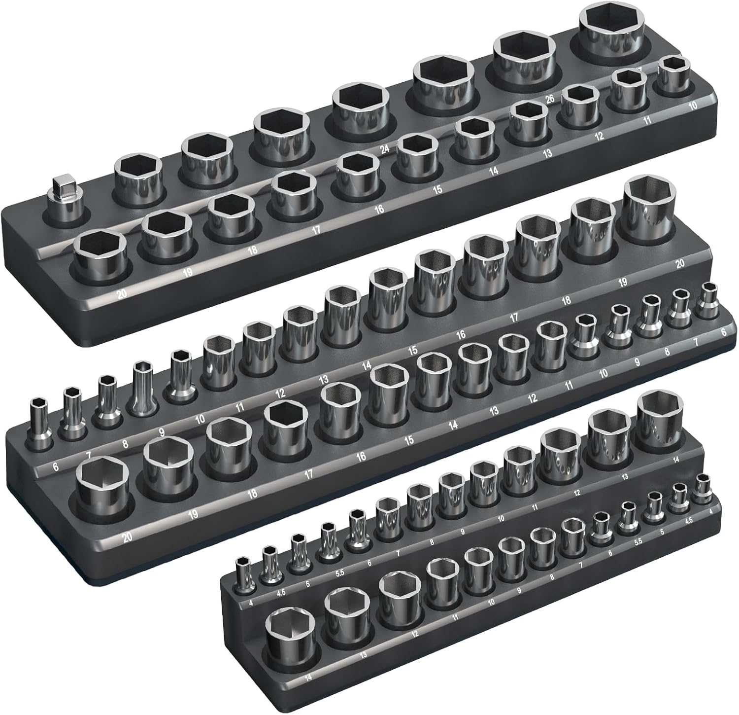 Magnetic Socket Organizer Holder Set – 3-Piece Tool Organizers Including 1/4", 3/8" and 1/2" Drive Socket Holder Metric 68 Pieces Socket Trays (Sockets are not Included) Black