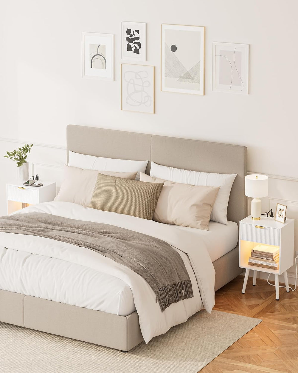 White Fluted Nightstand with Charging Station, Modern Bedside Table with Stor...