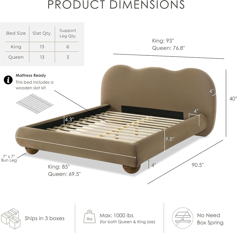 Furniture of America Lunaria Modern Velvet King Platform Bed with Camelback H...