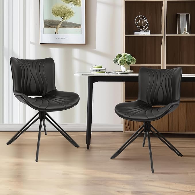Dining Chairs Set of 6, 360° Swivel Upholstered Mid-Century Modern Kitchen Dining Room Chairs, Armless Faux Leather Accent Side Chair with Padded Back, Metal Legs for Living Room,Black