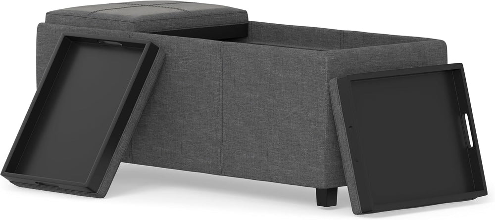 SIMPLIHOME Avalon 42" Wide Linen Look Fabric Storage Ottoman in Slate Grey