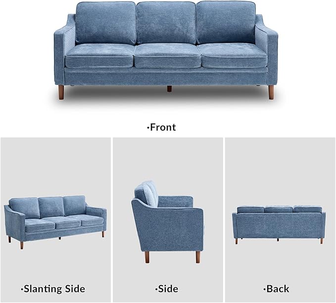 Kingfun 80" Chenille Sofa, 3 Seater Couch, Mid Century Modern Couches with Solid Wood Legs for Living Room & Bedroom, Light Blue
