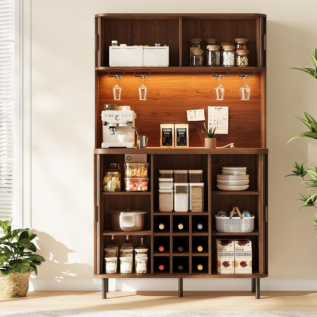 ONBRILL 71" Tall Wine Bar Cabinet with Storage (Walnut) | Fluted Liquor Cabinet, Modern Coffee Bar Cabinet, Large Home Bar, with LED Lights, Power Outlet, for Living Room, Kitchen