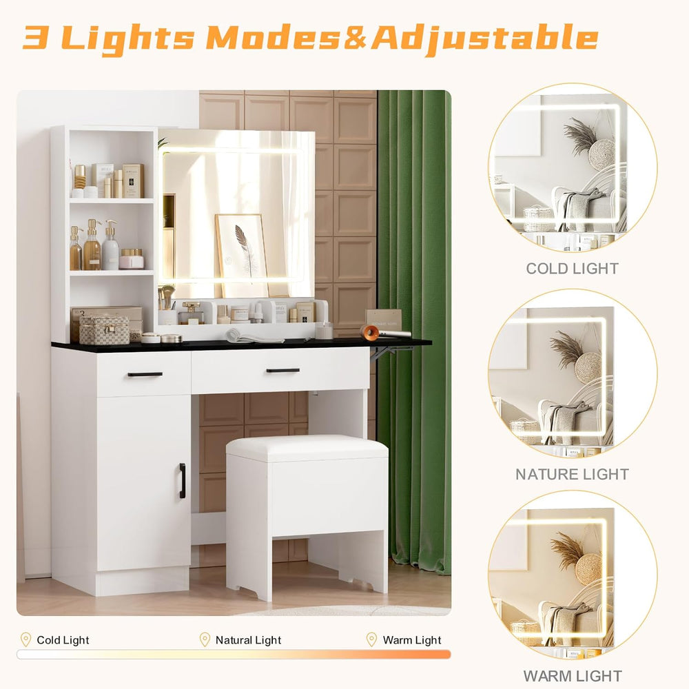 KAMABOKO White Vanity Desk with Mirror and Lights | Women Makeup Vanity with ...