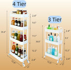 4 Tier Slim Kitchen Storage Cart for Narrow Space, 7.1'' Wide Metal Rolling cart with Wheels and Lockable Casters, Sturdy Mobile Thin Shelf for Laundry Room Between Washer and Dryer, White
