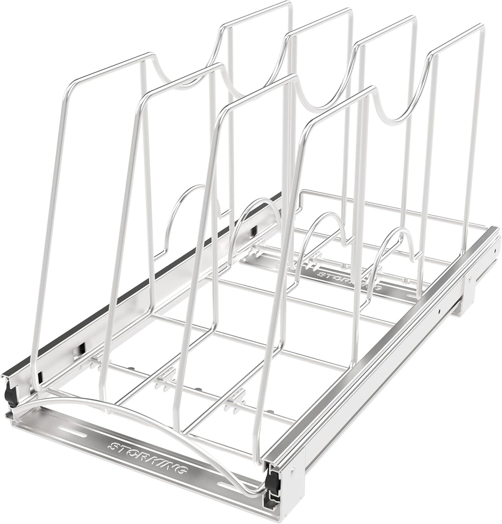 Pull Out Cookie Sheet Organizer for Cabinet, Pan and Pot Rack, Cutting Board Organizer Rack, Baking Tray Organizer for Cabinet, Adjustable Divider Width, 11" W x 22" D x 11.8" H, Chrome