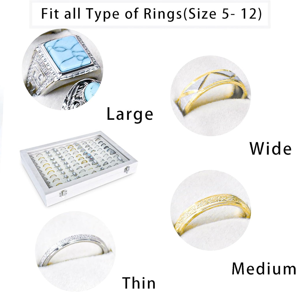 Frebeauty Ring Organizer Tray 100 Slots Ring Holder with Clear Lid Velvet Storage Box Jewelry Tray for Jewelry Store Earring Display Case for Jewelry Show Studs Box for Women(White)