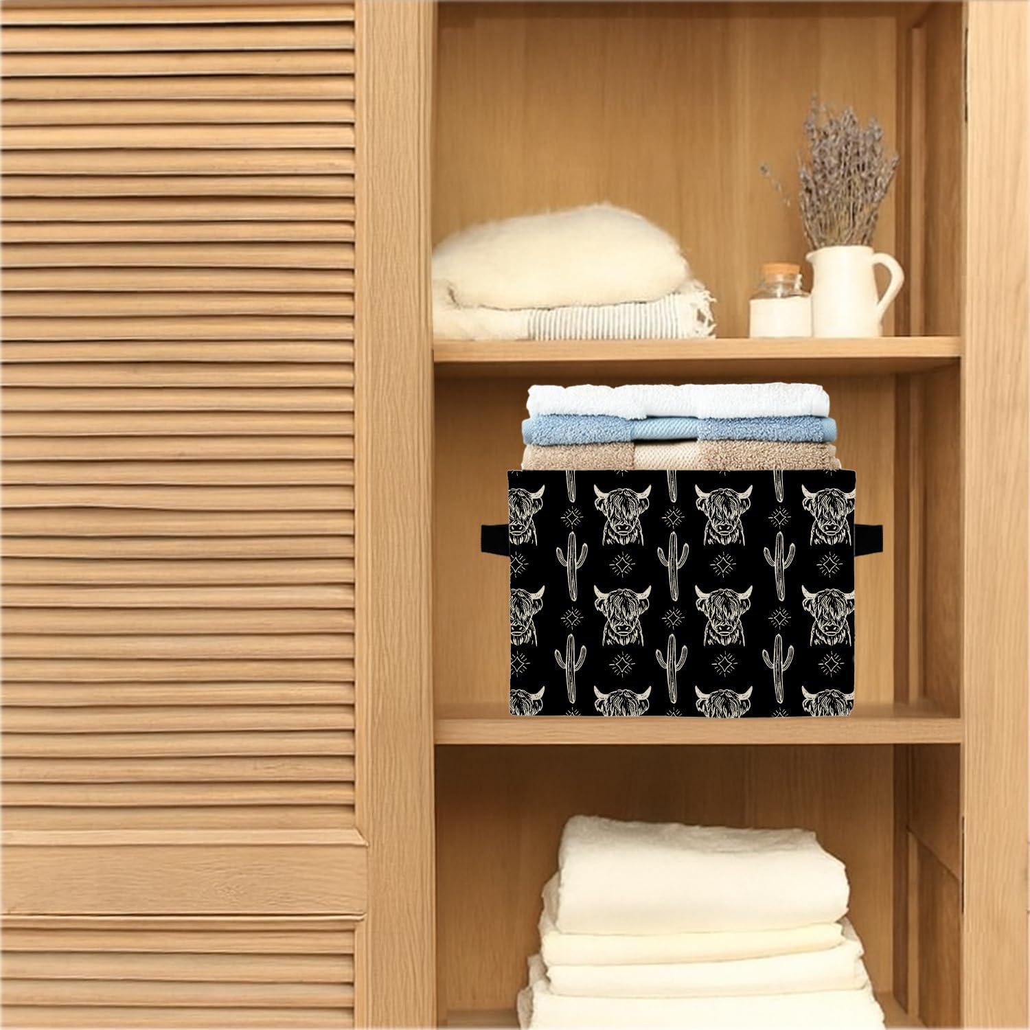 Highland Cow Western Storage Bins Box, Toybox for Boys Girls, Vintage Western Cactus Cow Foldable Storage Baskets Organizer for Bedroom Bathroom Kids Room Dorm Clothes Toys Books