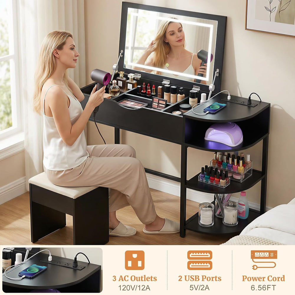 Cyclysio Vanity Desk with Flip Top Mirror and Lights, Black | Makeup Vanity D...