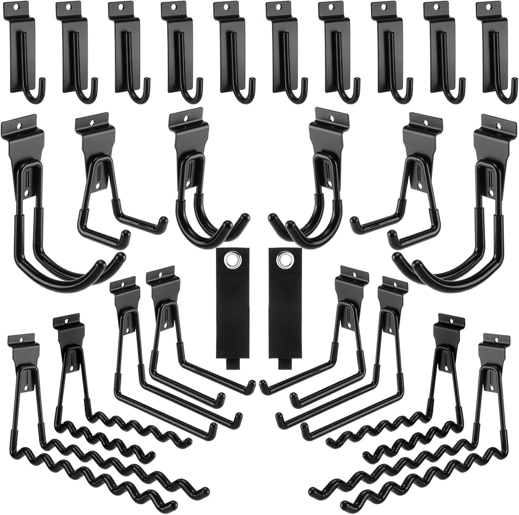 Landhoow 26 Pack Slatwall Accessories, 24 Pcs Multi Size Heavy Duty Slat Wall Hanging Hooks & Hangers with 2 Pcs Storage Straps for Storage Garage Wall Organization Garden Home Slatwall Paneling
