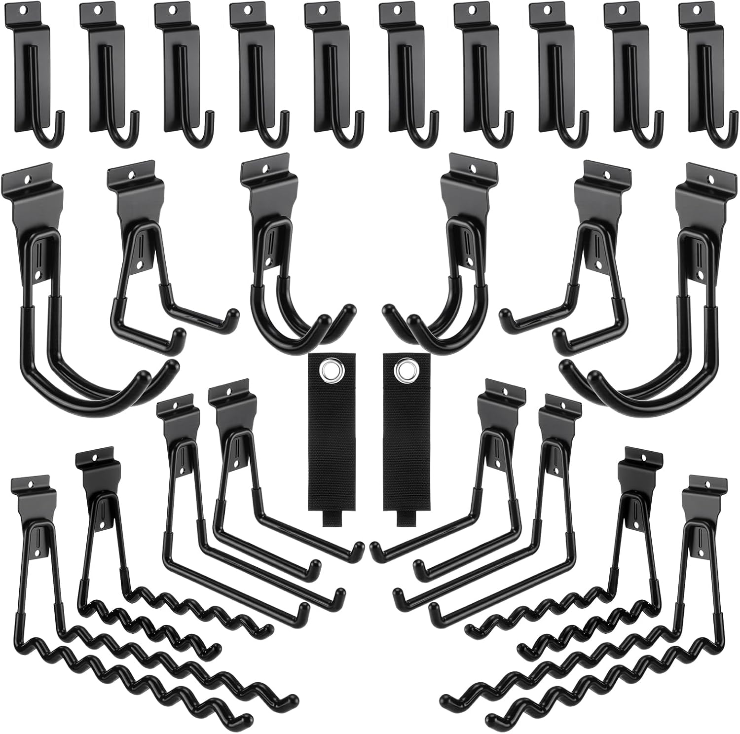 Landhoow 26 Pack Slatwall Accessories, 24 Pcs Multi Size Heavy Duty Slat Wall Hanging Hooks & Hangers with 2 Pcs Storage Straps for Storage Garage Wall Organization Garden Home Slatwall Paneling