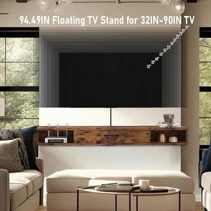 Floating TV Unit, 95'' Wall Mounted TV Cabinet, Floating Shelves with Door, Modern Entertainment Media Console Center Large Storage TV Bench for Living Room & Office (94.49IN, Rustic Brown)