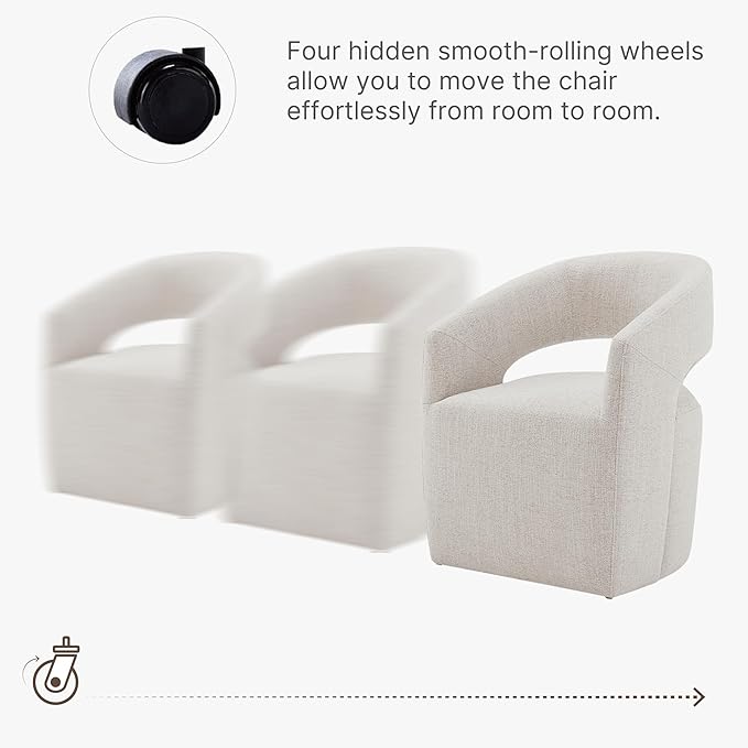 Upholstered Dining Chairs with Casters, No Assembly Modern Barrel Armchair with Rollers for Dining Room, Bedroom, Living Room, Reading Room, Home Office, Set of 2, Beige