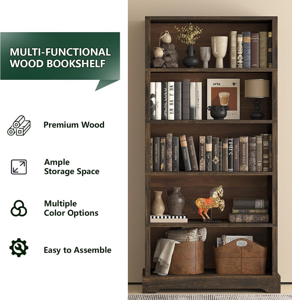 TVU 5 Tiers Wooden Bookshelf, 65.2" Tall Farmhouse Style Open Bookcase, ...