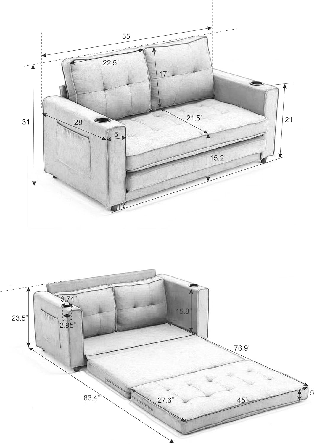 Convertible Sofa Bed, Folding Loveseat Sleeper Sofa Bed with Pillows,Fold Out Floor Couch with Cup Holder, Fabric Pull Out Sleeper Couch Bed for Living Room, Bedroom Lounge, Light Gary