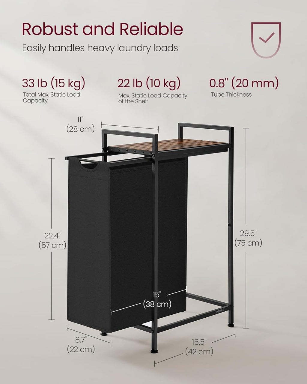 VASAGLE Laundry Hamper, Laundry Basket, Laundry Sorter with a Pull-Out and Removable Bag, Shelf, Metal Frame, 12.4 Gallons (47 L), 16.5 x 11 x 29.5 Inches, Ink Black and Rustic Brown UBLH001B01