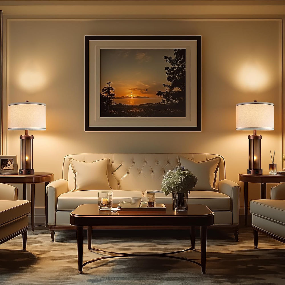 RORIA Set of 2 Farmhouse Table Lamps for Living Room with 2 USB Ports