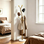 Coat Rack Freestanding, Artistic Tree-Shaped Gold Metal Hall Tree with Heavy-Duty Marble Base, Elegant Corner Garment & Purse Tree with 8 Rounded Hooks for Entryway, Bedroom, Office