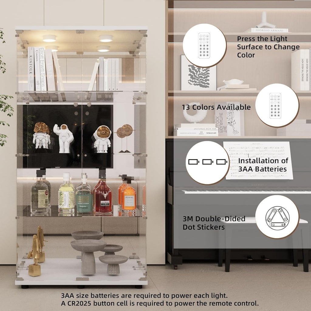 Beauty4U Glass Display Cabinet with LED Light and Mirror, 4 Shelves with 2 Doors, Curio Cabinets for Living Room, Bedroom, Office, White Floor Standing Glass Bookshelf, Quick Installation