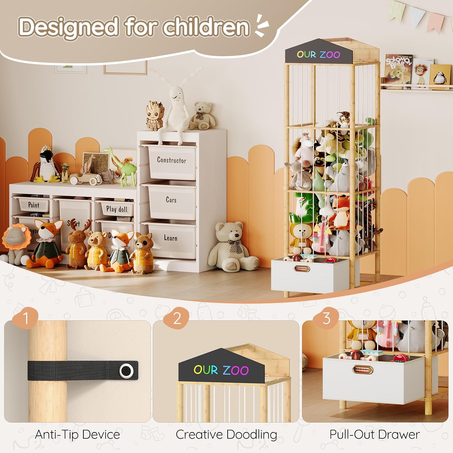 HOOBRO Stuffed Animal Storage & Organizer, Bamboo Stuffed Animal Holder with Fabric Drawer and DIY Chalkboard, Plush Toy Organizer for Playroom, Living Room, Nursery, Natural and Beige YL66CW01