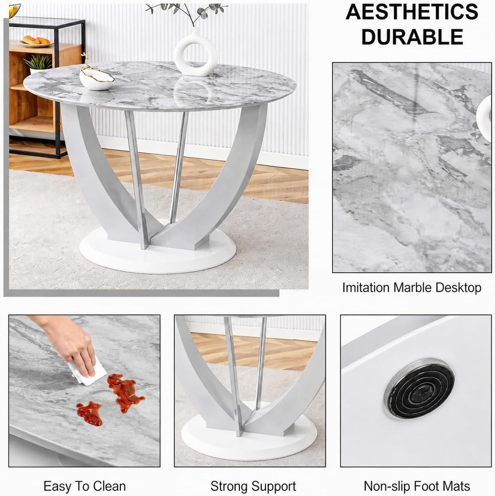 47" Grey Glass Round Dining Table Set for 4, Faux Marble Kitchen Table w...