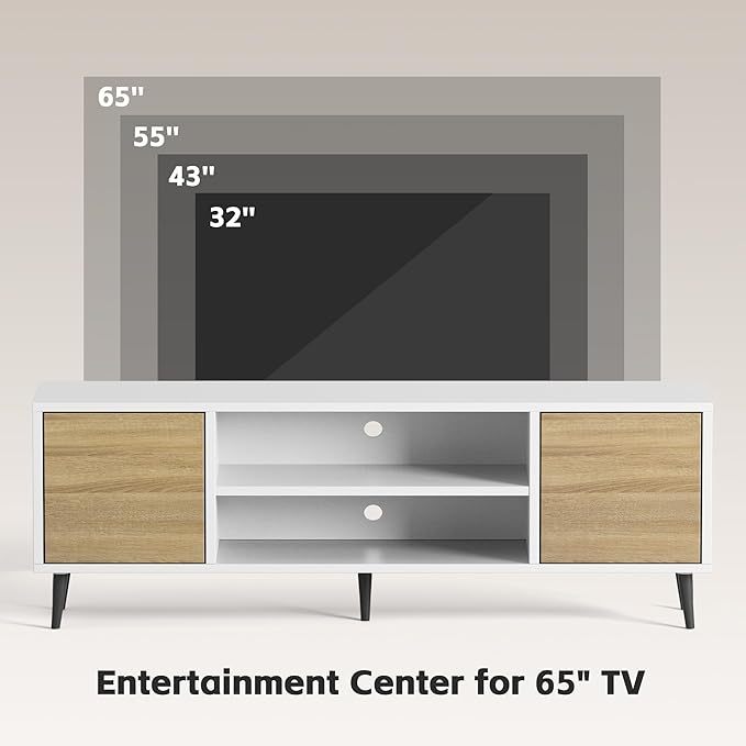 JUMMICO TV Stand for 65 Inch TV, Mid Century Modern TV Stand, Entertainment Center with Storage Cabinet and Open Shelves, TV Console Table Media Cabinet for Living Room, and Bedroom (White)