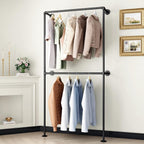 Industrial Pipe Clothing Rack Wall Mounted Garment Rack, Black Pipe Clothes Rack Retail Display Hanging Rod for Closet Storage, Laundry Room