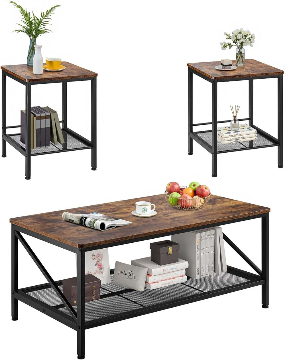 VEVOR 3 Pieces Living Room Table Sets, 41.3 in Industrial Coffee Table with 2...