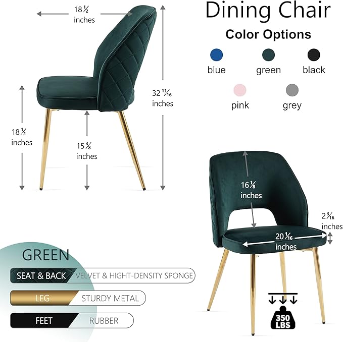 NORDICANA Modern Dining Chair Set of 4, Forest Green Velvet Fabric Upholstered Accent Chairs with Golden Metal Legs, Round Back Side Chairs for Kitchen Living Room Bedroom