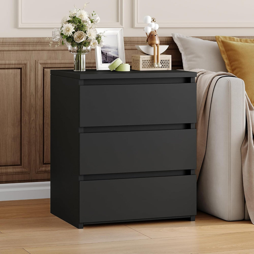 FOTOSOK Nightstands Set of 2, Black Nightstand with 3 Drawers for Bedroom | B...