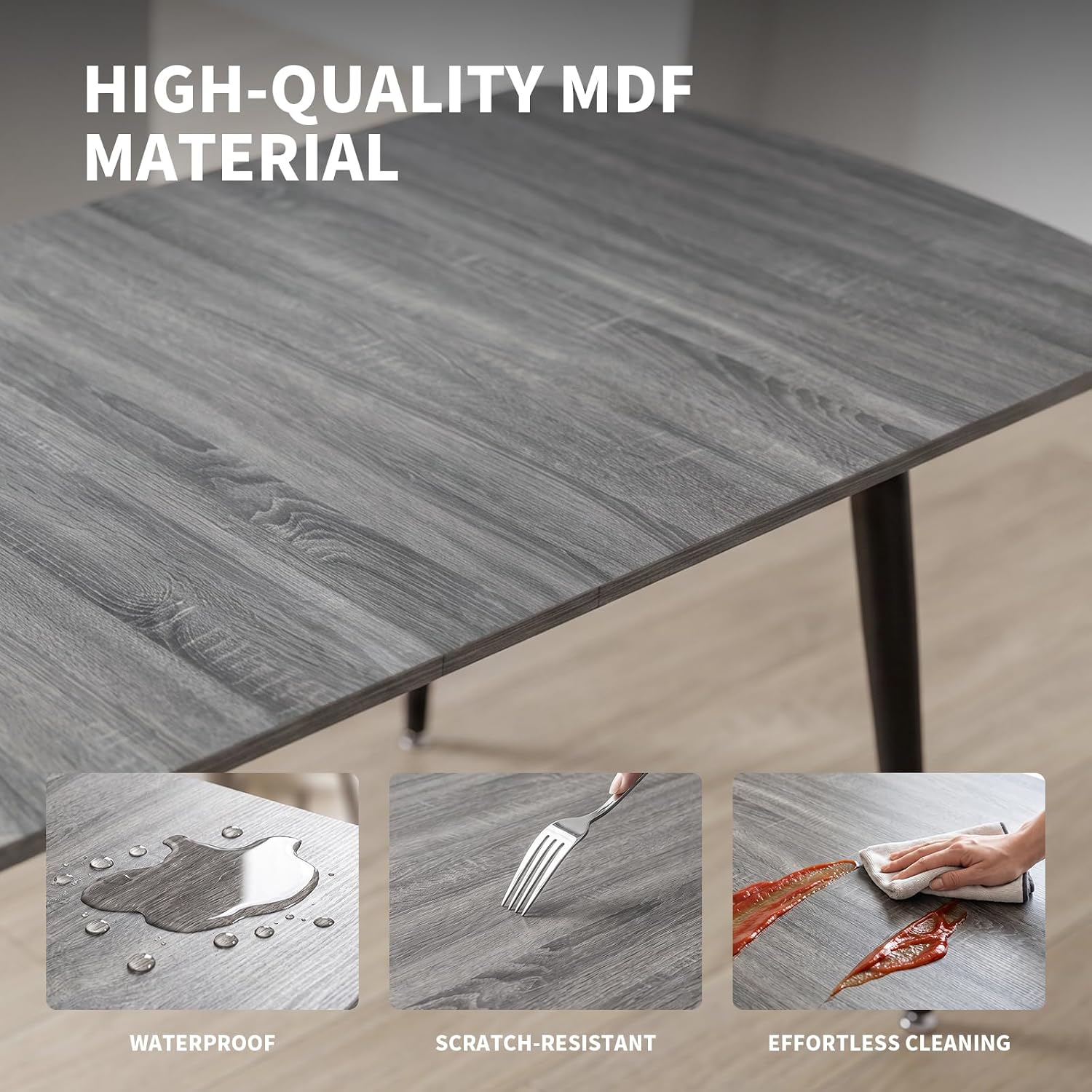 HIPIHOM Extendable Dining Table Set for 6, 55.1" to 70.87" Expandable Kitchen & Dining Room Table with 6 Upholstered PU Leather Chairs (Grey Table)