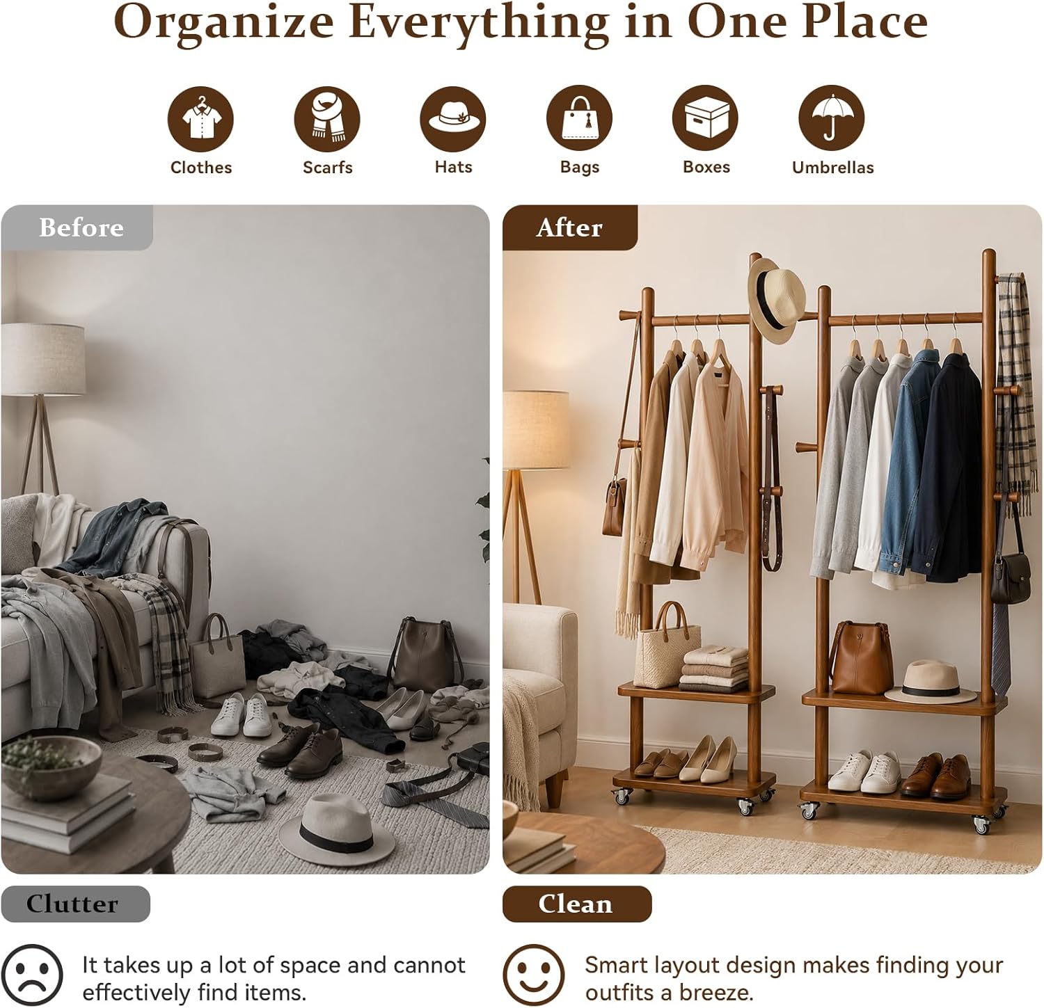 Solid Wood Coat Rack Freestanding Clothing Rack with Wheels & 2 Shelves Storage & 5 Hooks Heavy Duty Clothes Rack Wood Coat Tree Stand Hat Hanger Rack for Corner Bedroom Entryway Living Room Hotel