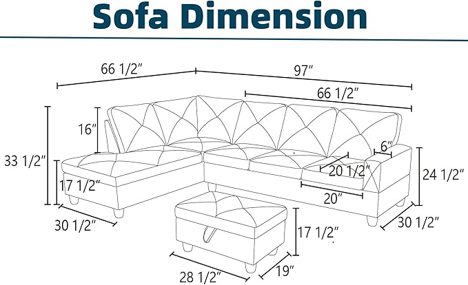 Sectional Couches for Living Room with Movable Chaise & Storage Ottoman - 97.5" Leather L Shaped Couches for Living Room Apartment, 4 Seat Home Furniture Modular Sectional Sofas, Black