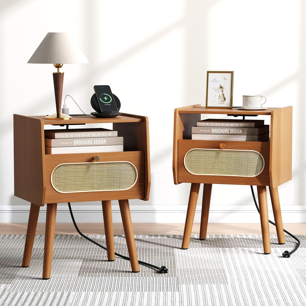 Night Stand Set 2, Mid Century Modern Nightstands, Rattan Bedside Table with Charging Station, Boho End Table with Drawer Storage, Solid Wood Legs Bed Side Tables for Bedroom, Cherry