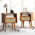 Night Stand Set 2, Mid Century Modern Nightstands, Rattan Bedside Table with Charging Station, Boho End Table with Drawer Storage, Solid Wood Legs Bed Side Tables for Bedroom, Cherry
