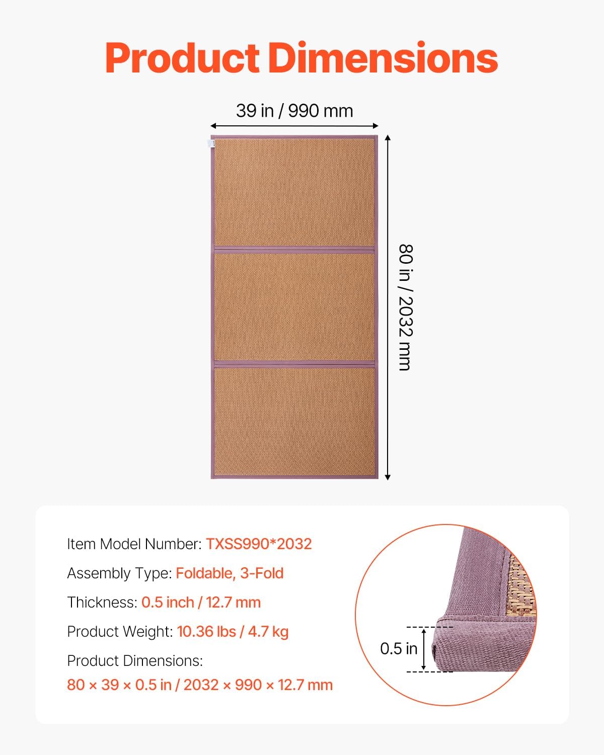 VEVOR Japanese Tatami Mat, Twin XL - 39'' x 80'' Foldable Handwoven Rattan Tatami Mat, Non-Slip & Easily Cleaned Tatami Mattress, Summer Breathable Tatami for Sleeping, Meditation, Yoga