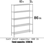 18" Deep x 60" Wide x 86" Height Wire Shelving Kit | 5-Tier | NSF Commercial Storage Rack Unit