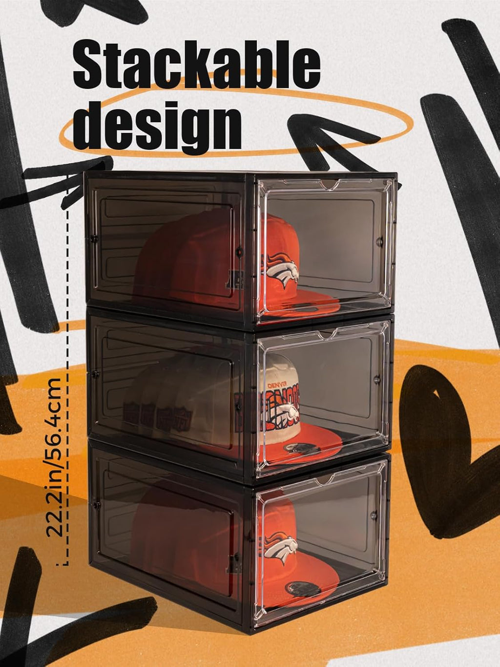 6 Pack Hat Organizer Box, Stackable Clear Baseball Caps Holder Box Containers with Magnetic Door for Hats Snapback Cap Storag, Hat Rack Display Case, Holds 8 Hats Each (Black)