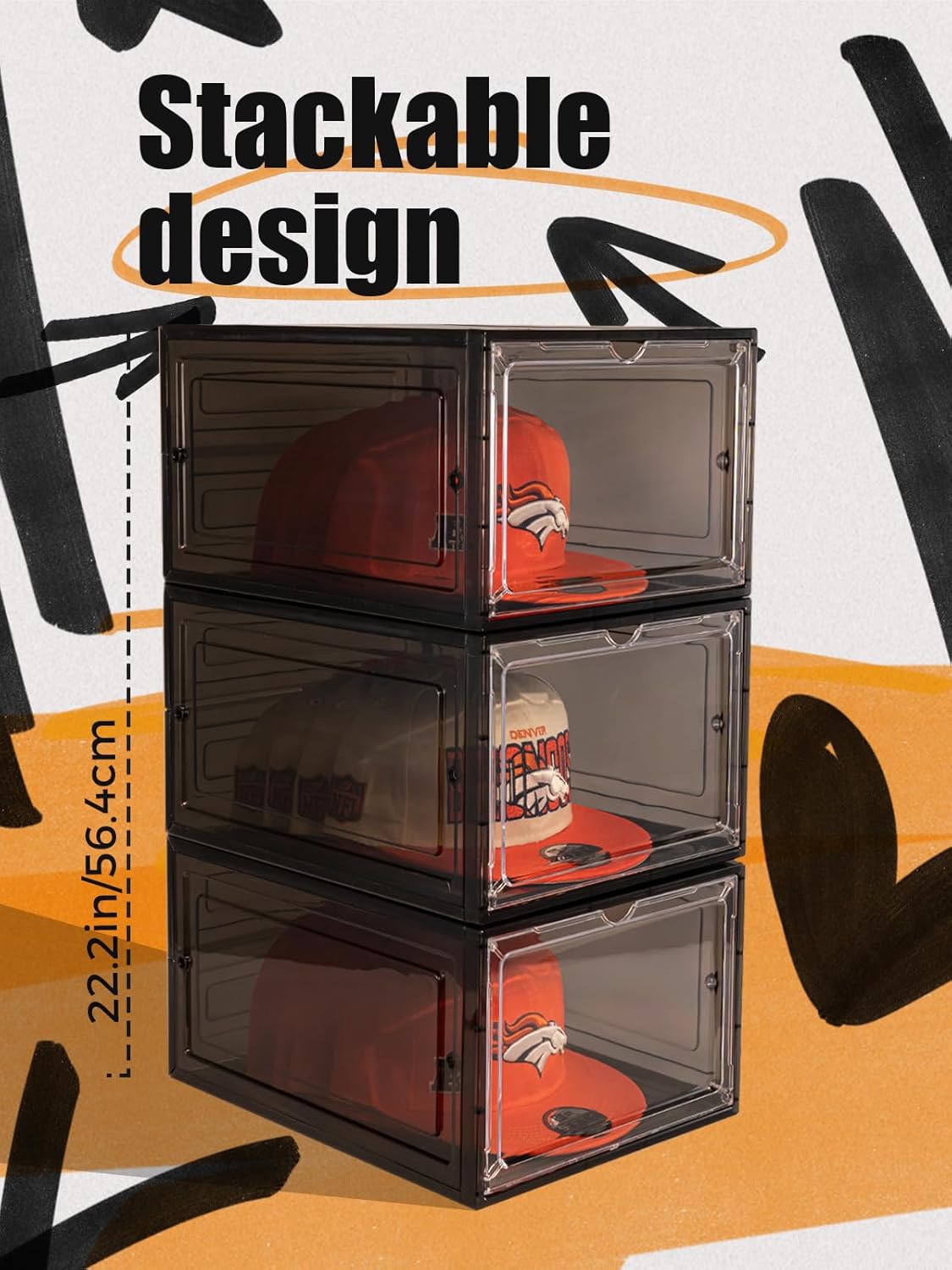 6 Pack Hat Organizer Box, Stackable Clear Baseball Caps Holder Box Containers with Magnetic Door for Hats Snapback Cap Storag, Hat Rack Display Case, Holds 8 Hats Each (Black)