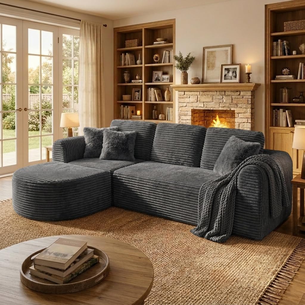 108” Modular Sectional Sofa, Boneless Couches for Living Room, Deep Seat L-Shape Cloud Couch with Chaise, Comfy Sofa Freely Change Configurations No Assembly Required, Soft Plush Corduroy Fabric(Grey)
