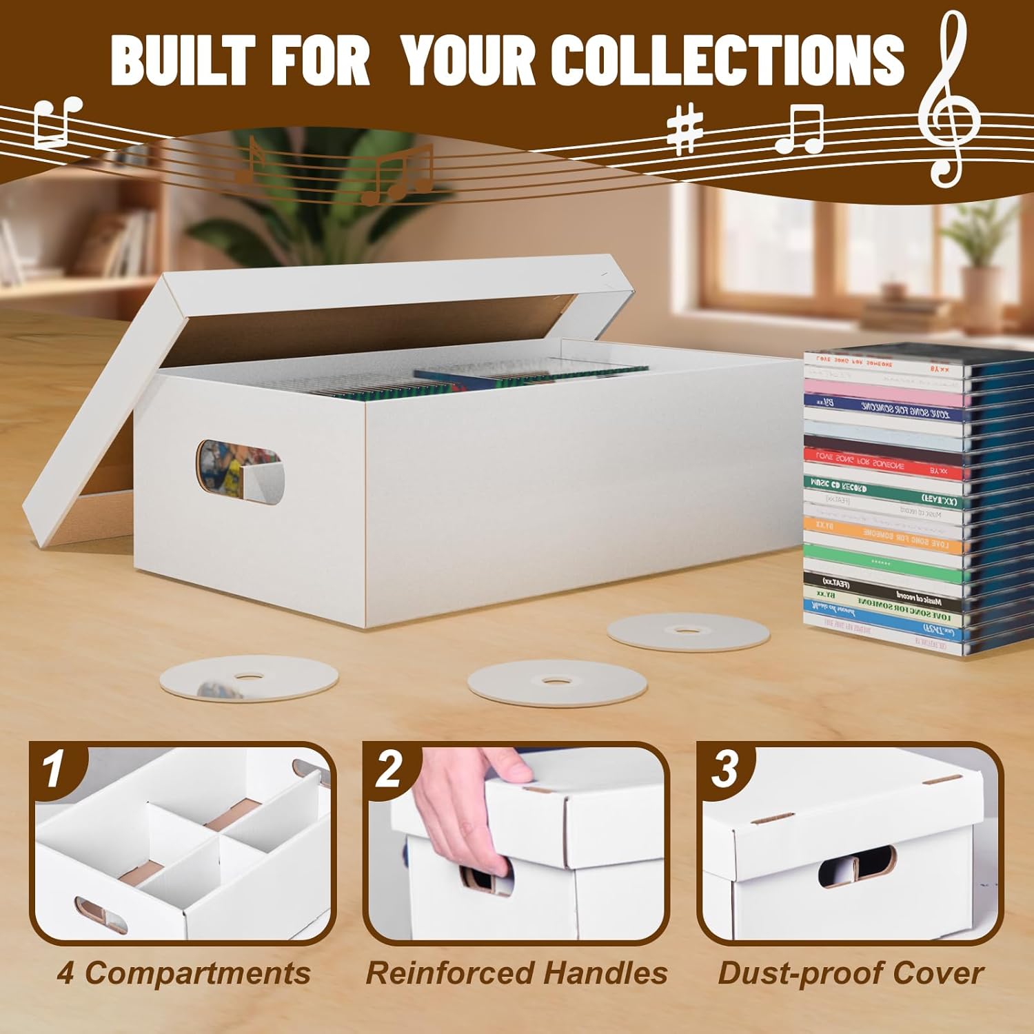 NUMINA 3 Pack CD Storage Boxes, Holds 240 CDs Total (80 Each) with Lift-Off Lid, Heavy Duty Cardboard CD Organizer with 4 Sections for Jewel Cases, CD Collection & Media Storage