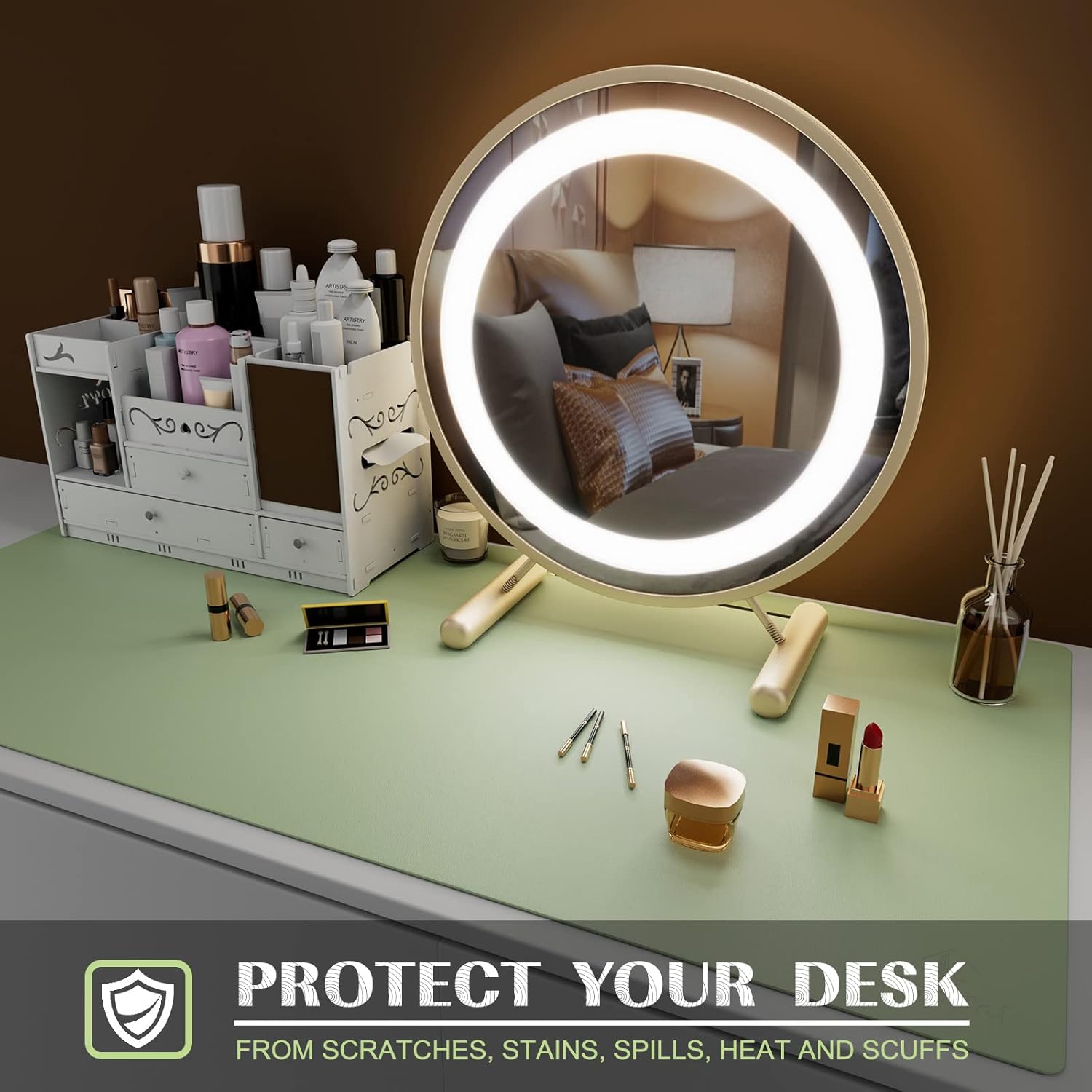 K KNODEL Large Office Leather Desk Mat, Mouse and Keyboard Pad, Computer and Laptop Mat, Desktop Protector and Cover, Writing Pad and Blotter (35.4"x17", Light Green)