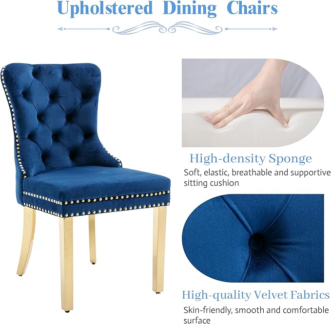 KCC Velvet Dining Chairs Set of 4, Upholstered High-end Tufted Dining Chair with Nailhead Back Ring Pull Trim Stainless Steel Legs, Contemporary Nikki Collection Modern Style for Kitchen, Blue