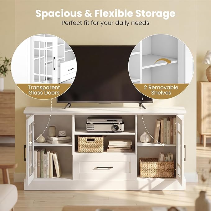 Giantex Farmhouse TV Stand for 65/70 Inch TV, Tall Entertainment Center with Storage Cabinets, Glass Doors, Drawer, Removable Shelves, Media TV Console Table for Living Room, Bedroom (White)