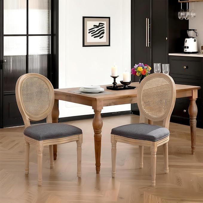 French Country Dining Chairs Set of 6,Farmhouse Upholstered Dining Room Chairs with Round Back and Solid Leg,Rattan Kitchen Chairs for Kitchen/Bedroom/Dining Room,Gray