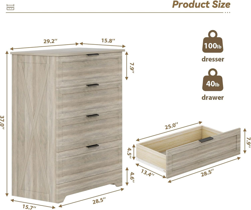 Farmhouse 4 Drawer Dresser for Bedroom, Tall Bedroom Dresser, Rustic Gray