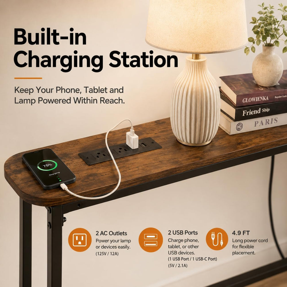 Forteek 78.8" Narrow Sofa Table with Power Outlets, Adjustable Height | ...